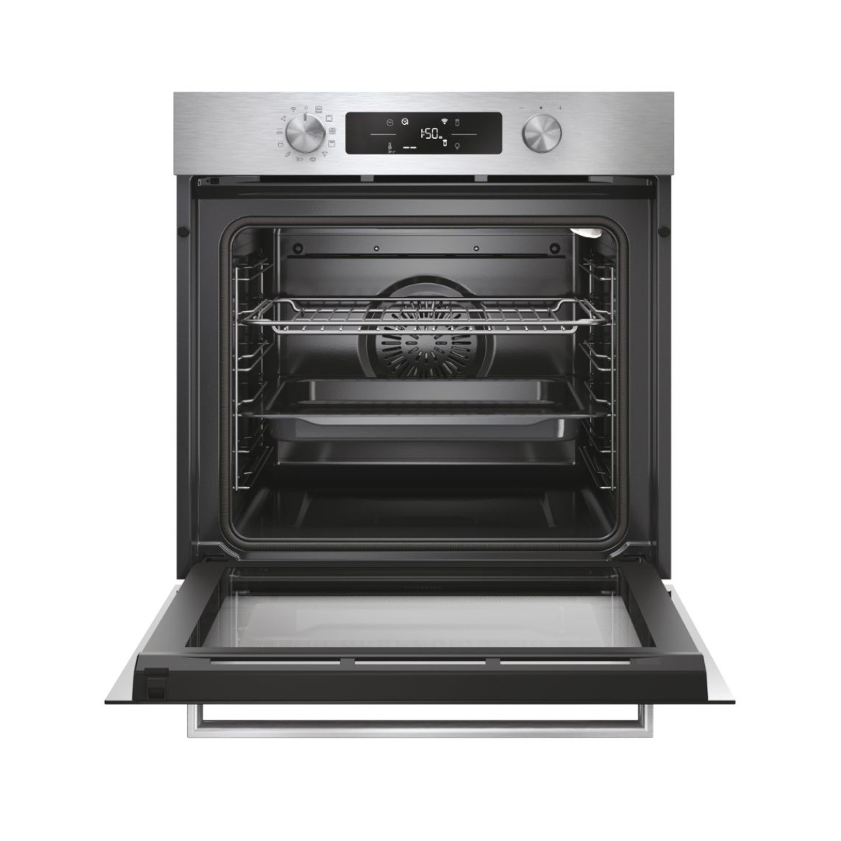 Un moderno forno da incasso in acciaio inox con porta aperta e display.