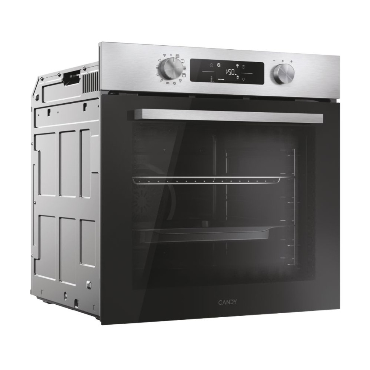 Un forno da incasso moderno con dettagli in acciaio inox e porta in vetro nero.