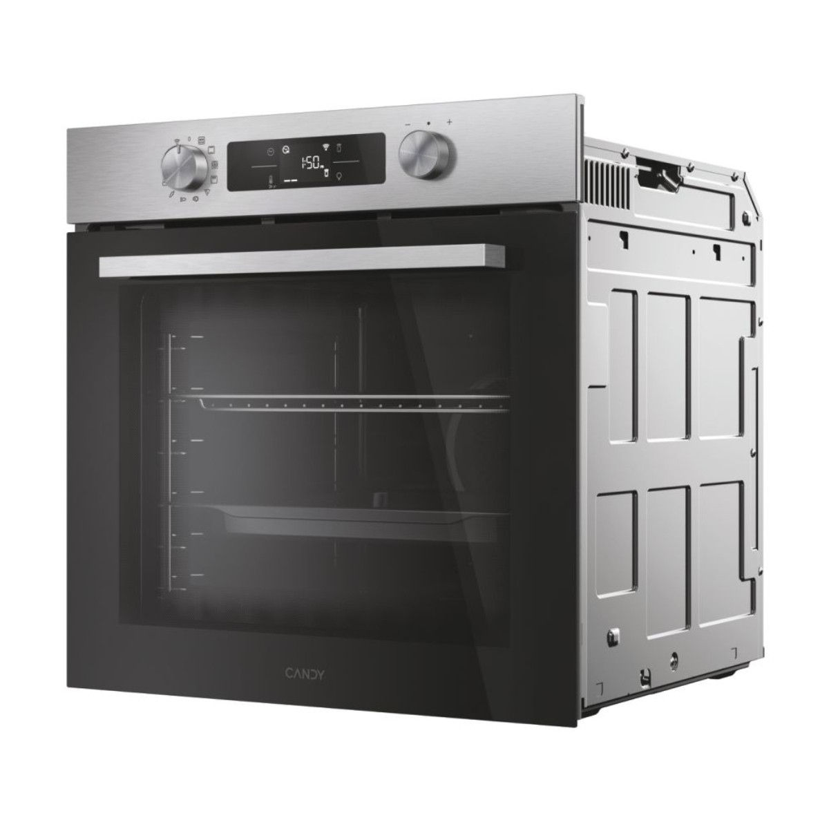 Un forno da incasso moderno con finitura in acciaio inox, porta in vetro nero e display digitale.