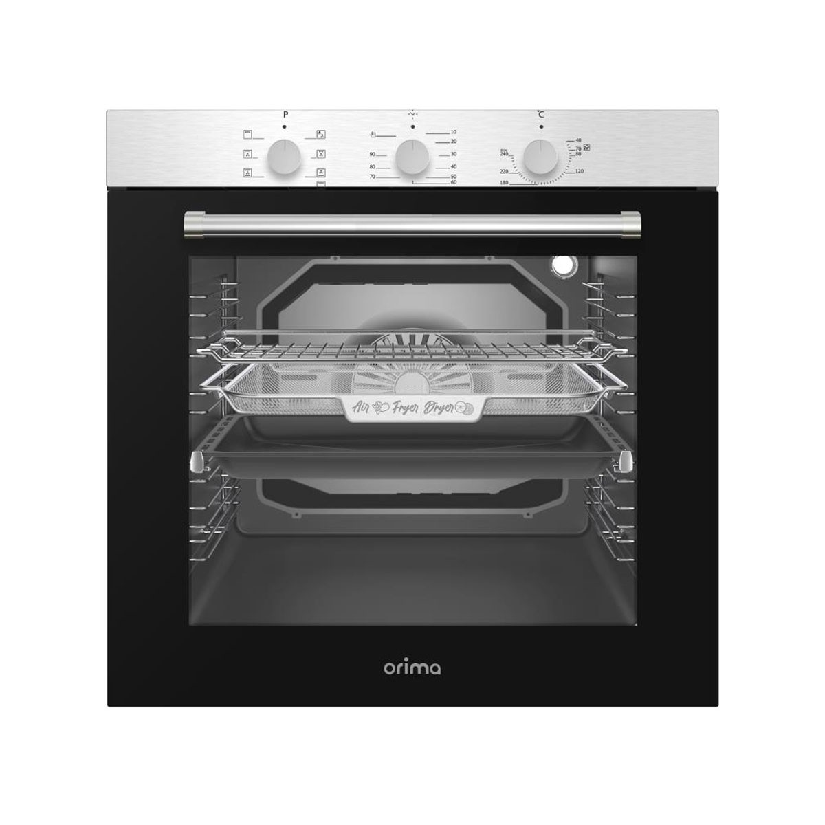 Un forno da incasso moderno con pannello di controllo argentato e porta nera. All'interno ci sono griglie e un cestello friggitrice.