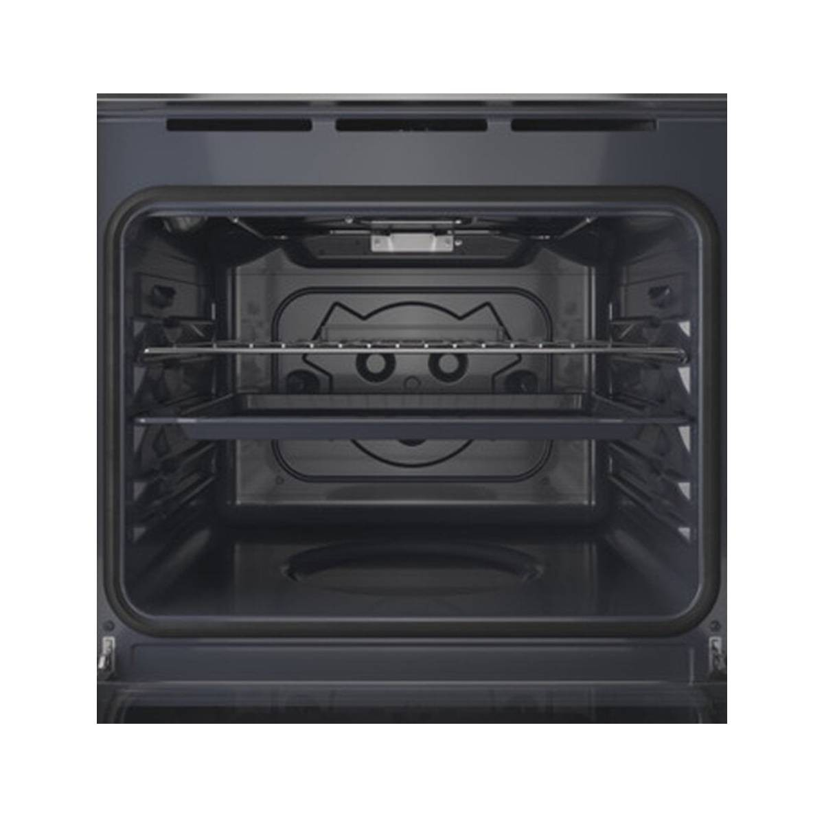 Un forno nero vuoto con una griglia e una teglia all'interno.