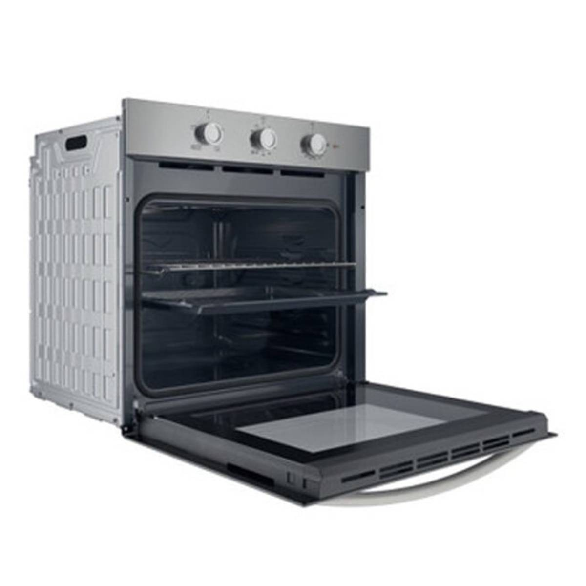 Un forno da incasso argentato con porta aperta, che mostra le griglie.
