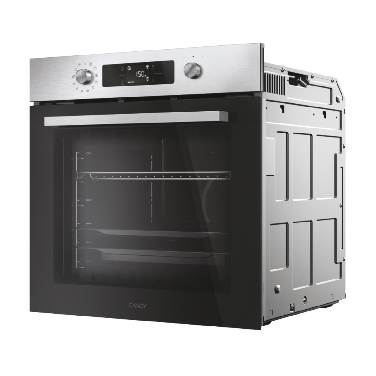 Un moderno forno Candy con porta in vetro nero e display in acciaio inox.