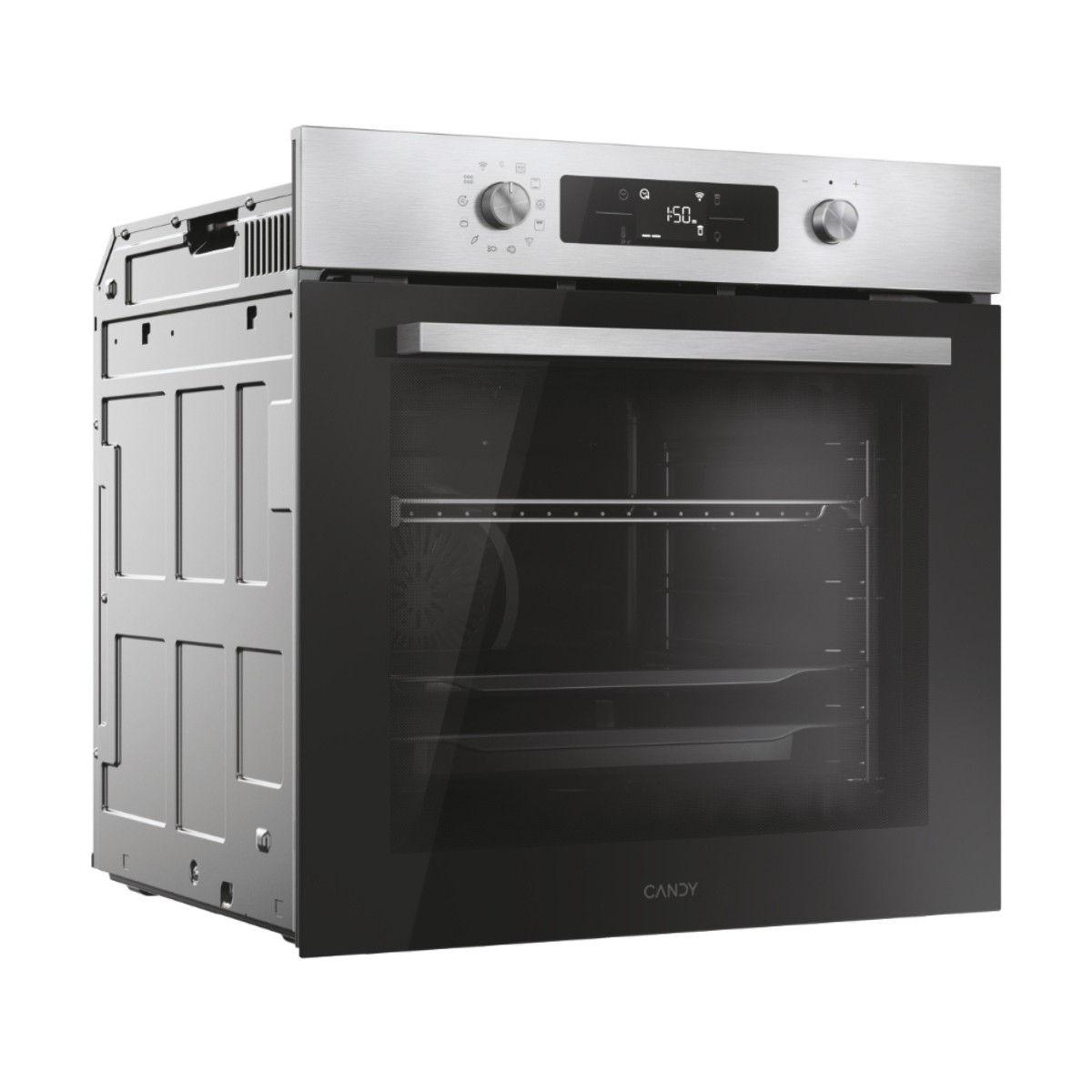Un moderno forno Candy in acciaio inox e nero con display digitale e manopole.