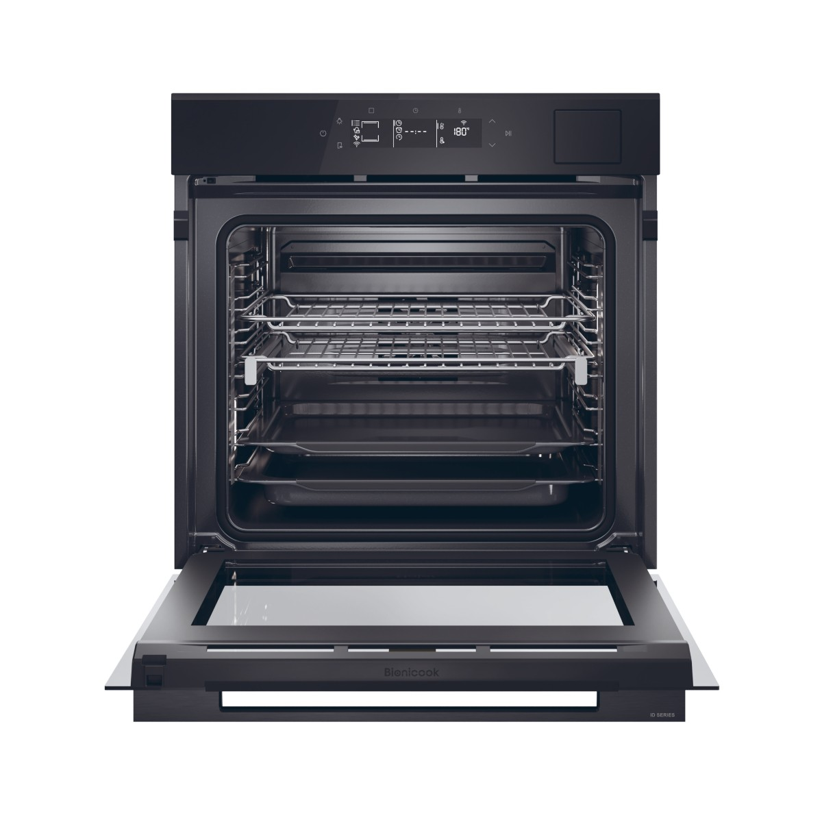 Un moderno forno da incasso nero con porta aperta, interno e pannello di controllo visibili.