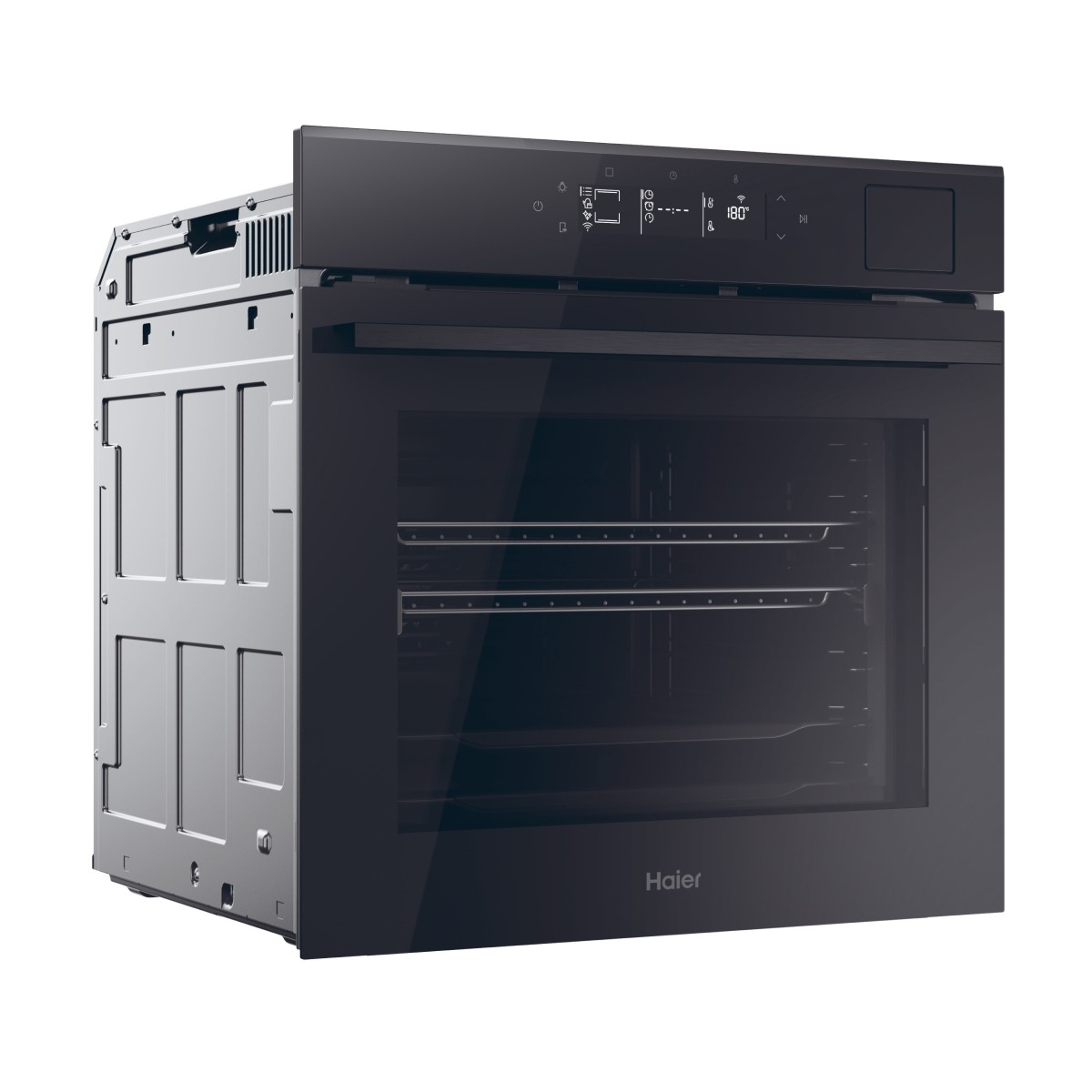 Un moderno forno da incasso nero con display digitale e porta in vetro.