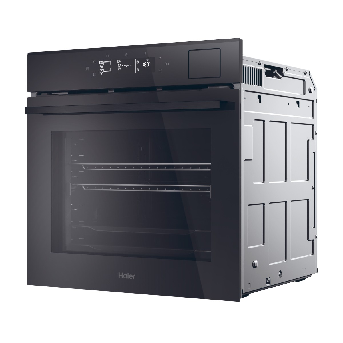 Un moderno forno da incasso nero con display digitale e porta a vetro.
