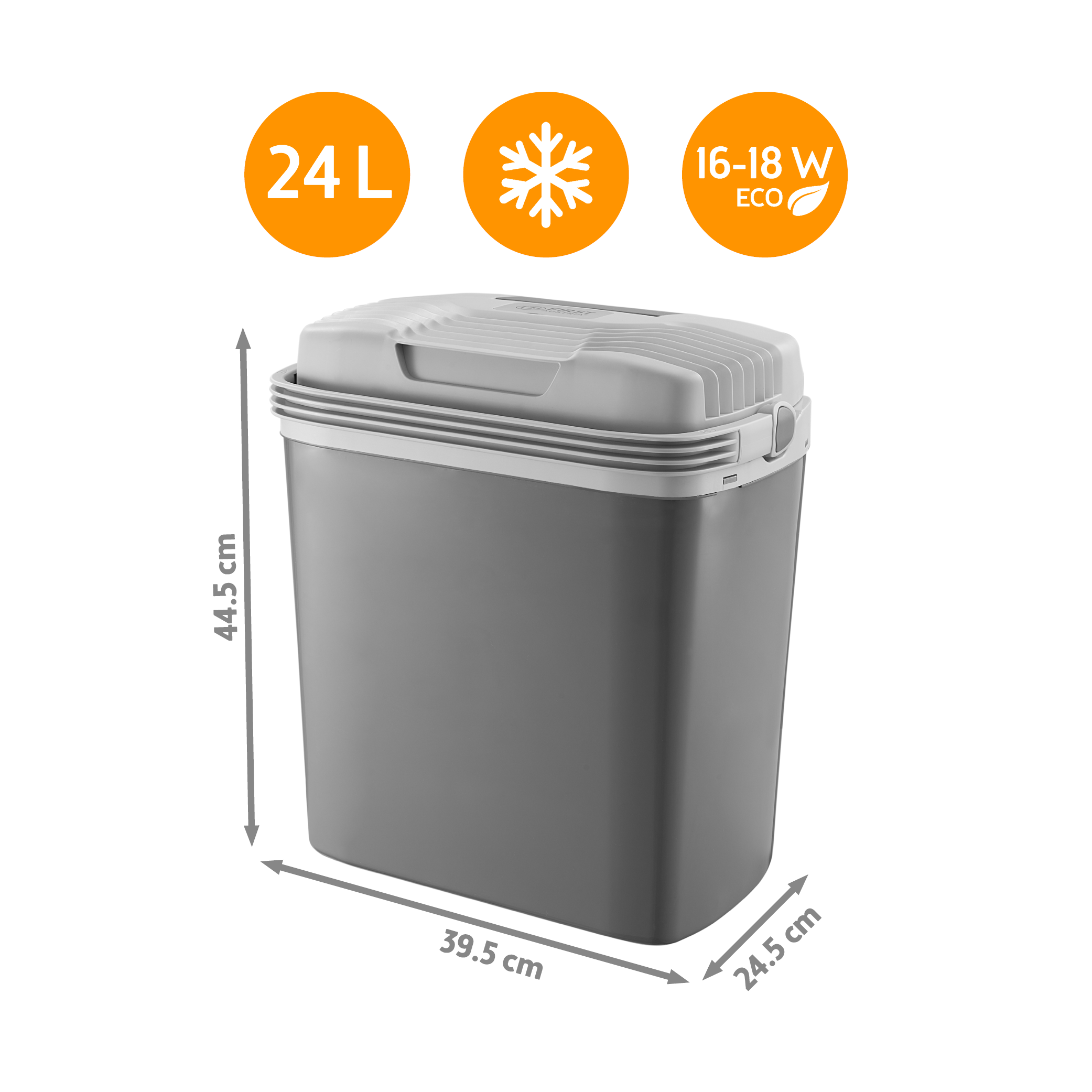 Grauer Kühlbox mit weißem Deckel, 24L, 16-18W, Maße 44,5x39,5x24,5cm.