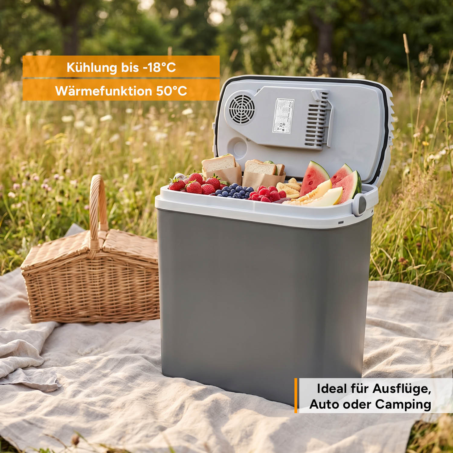 Grauer Kühlbox mit Früchten und Sandwiches im Freien auf einer Decke.