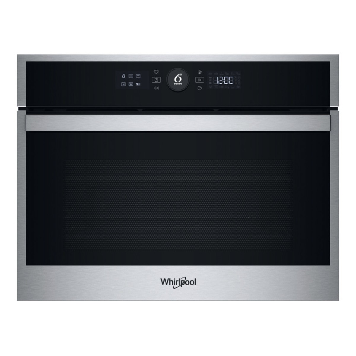 Un moderno microonde Whirlpool in acciaio inox con porta in vetro nero e display digitale.