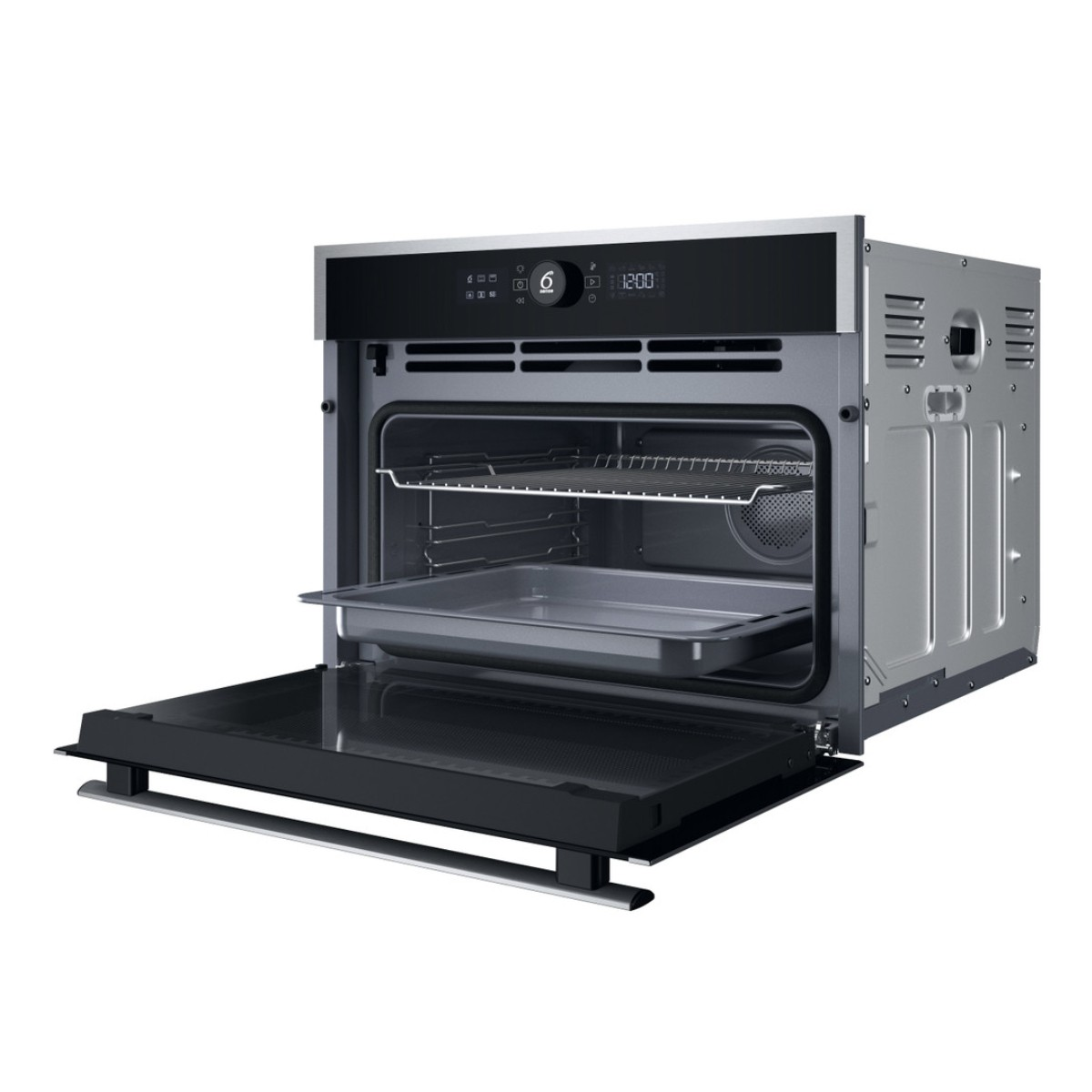 Un forno da incasso moderno con esterno argento e porta aperta.