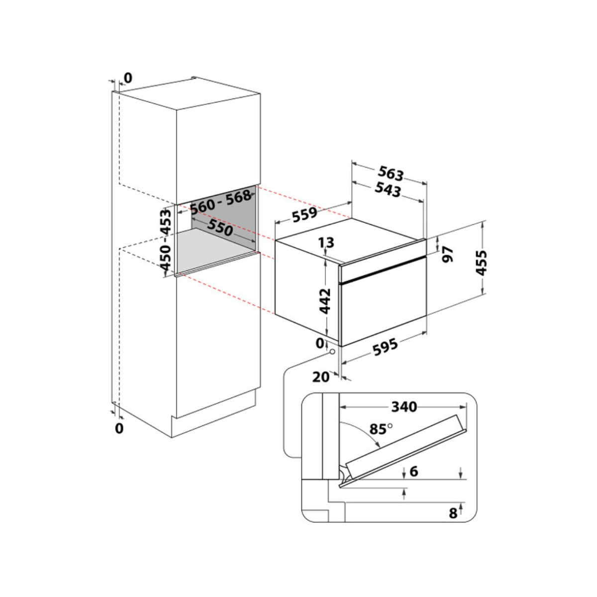 Disegno tecnico di un elettrodomestico da incasso con dimensioni e vano.