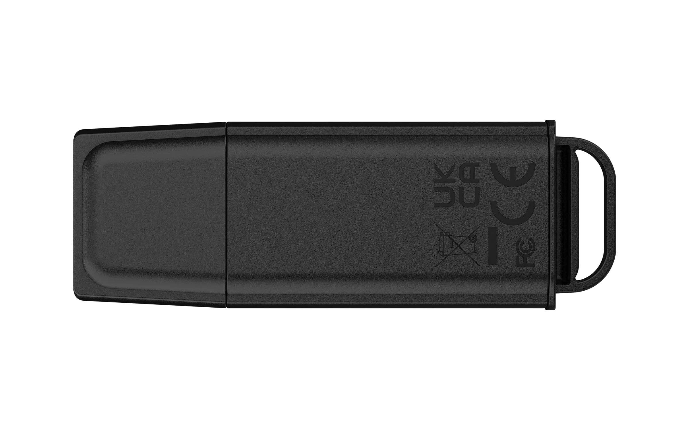 Unità USB nera con custodia chiusa e marchi CE/UKCA/FC.