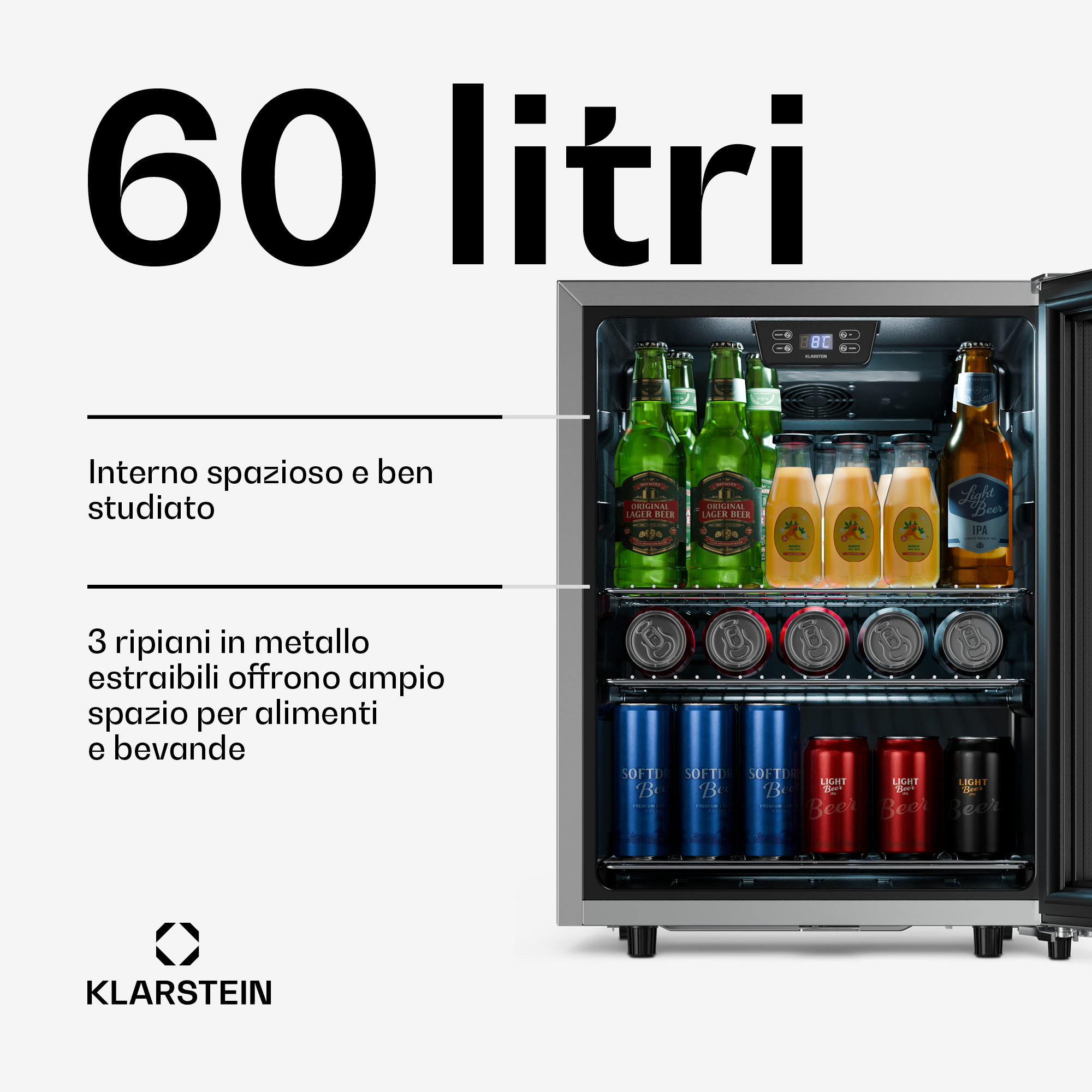 Un frigorifero da 60 litri con bottiglie e lattine, con display digitale della temperatura.