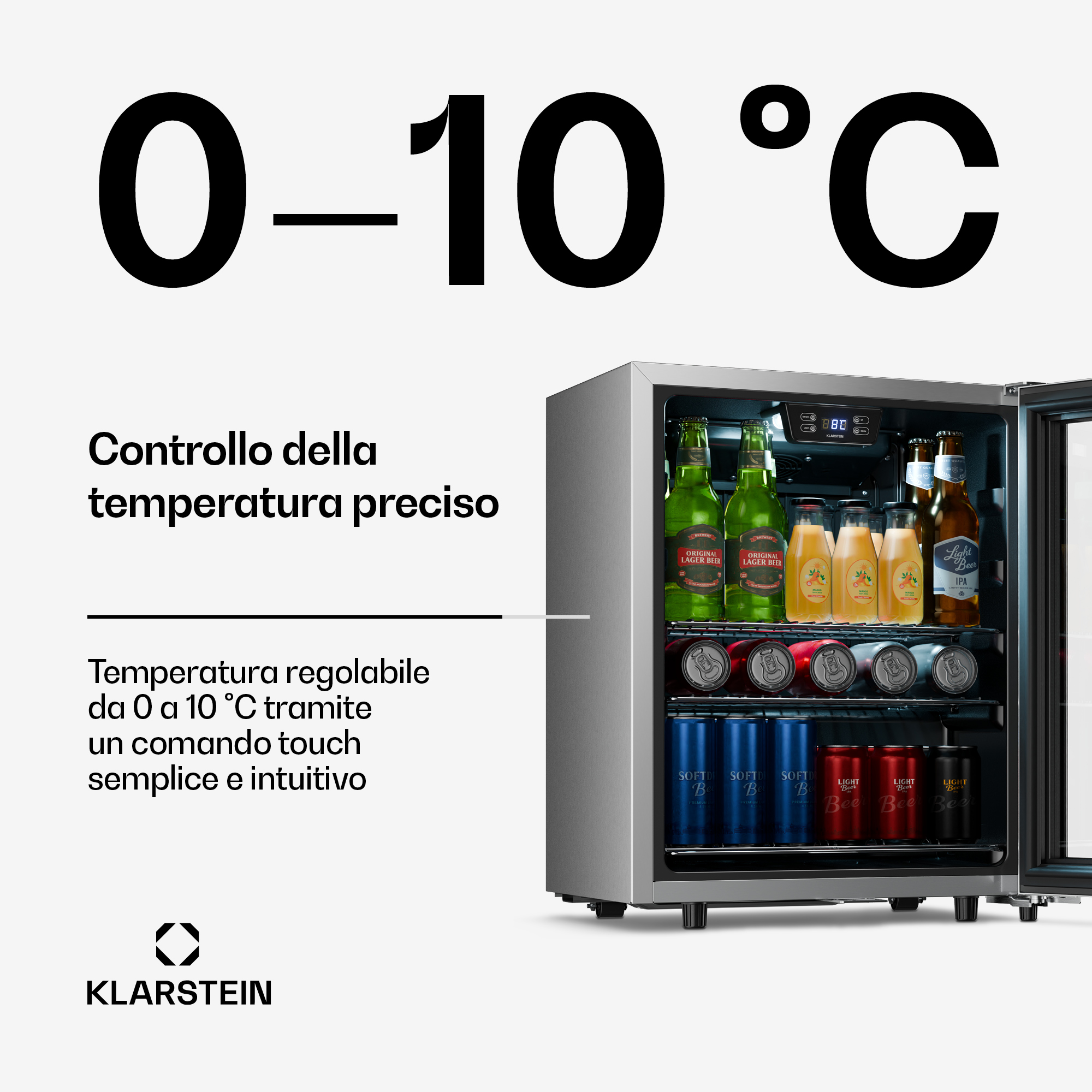 Un frigorifero con range 0-10°C, pieno di bottiglie e lattine.