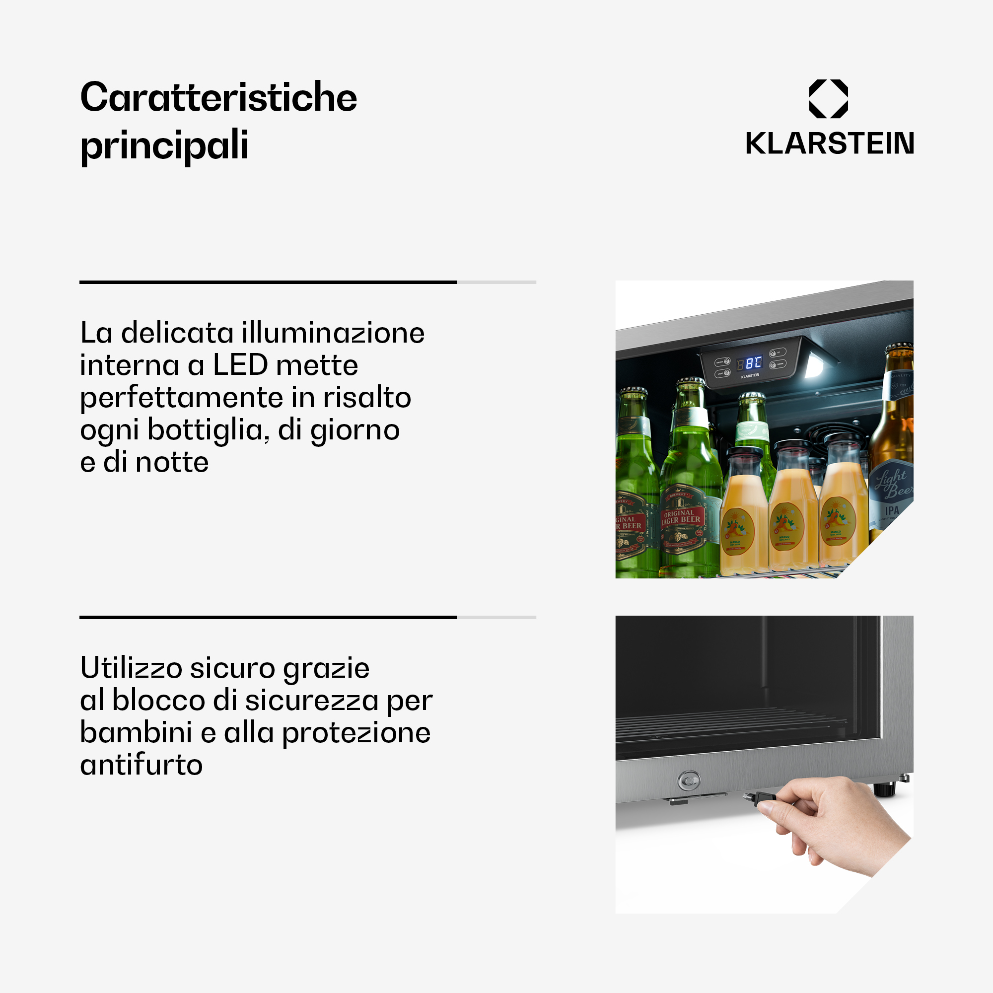 Frigorifero con bottiglie e succo. Mano che chiude la serratura.