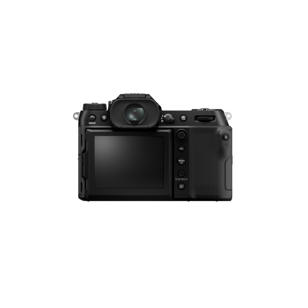 Achterkant van een zwarte digitale camera met scherm en bedieningselementen.