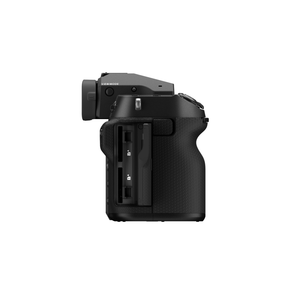Zwarte camera met lens en twee kaartslots.