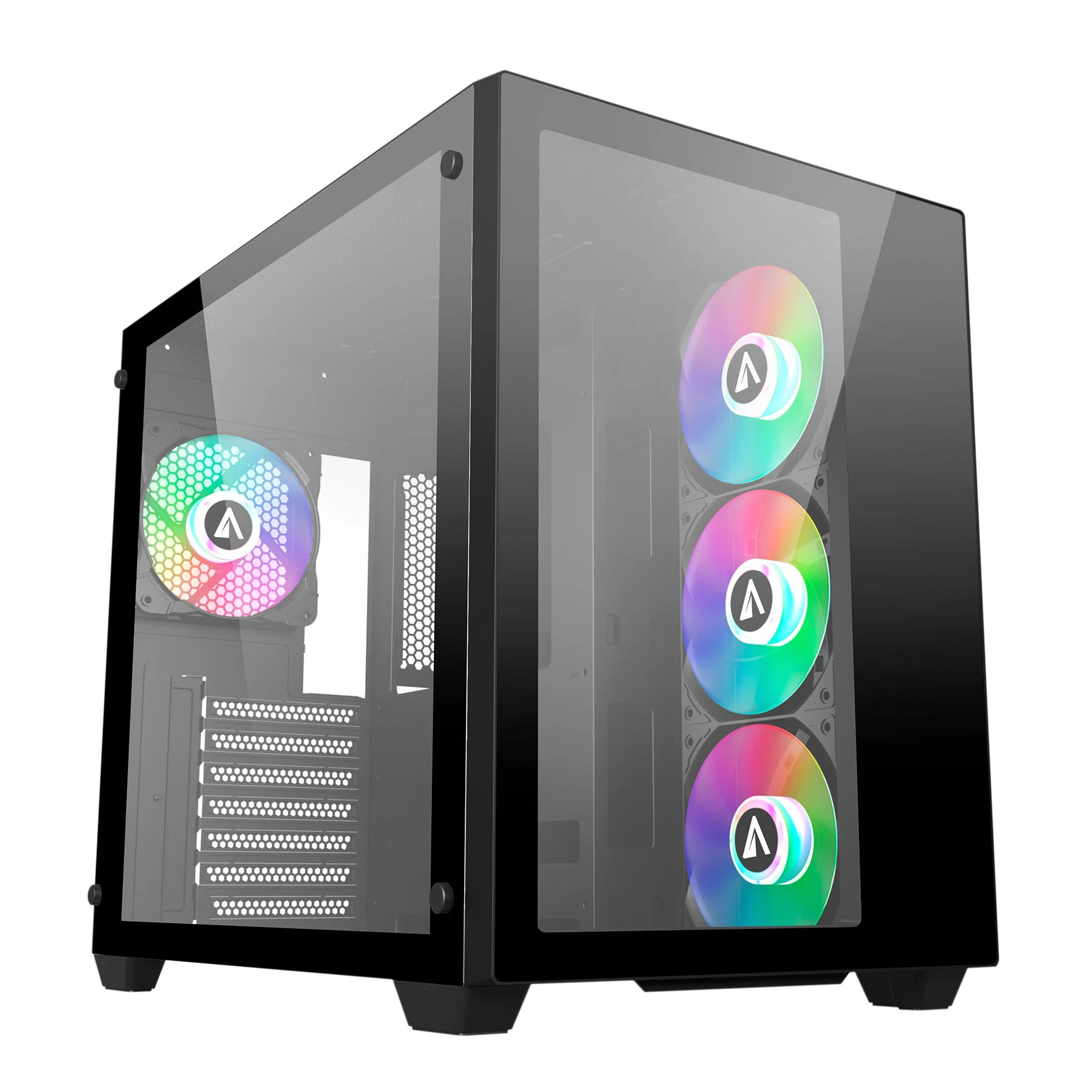 Una caja de PC negra con frontal de cristal, iluminada por ventiladores RGB.