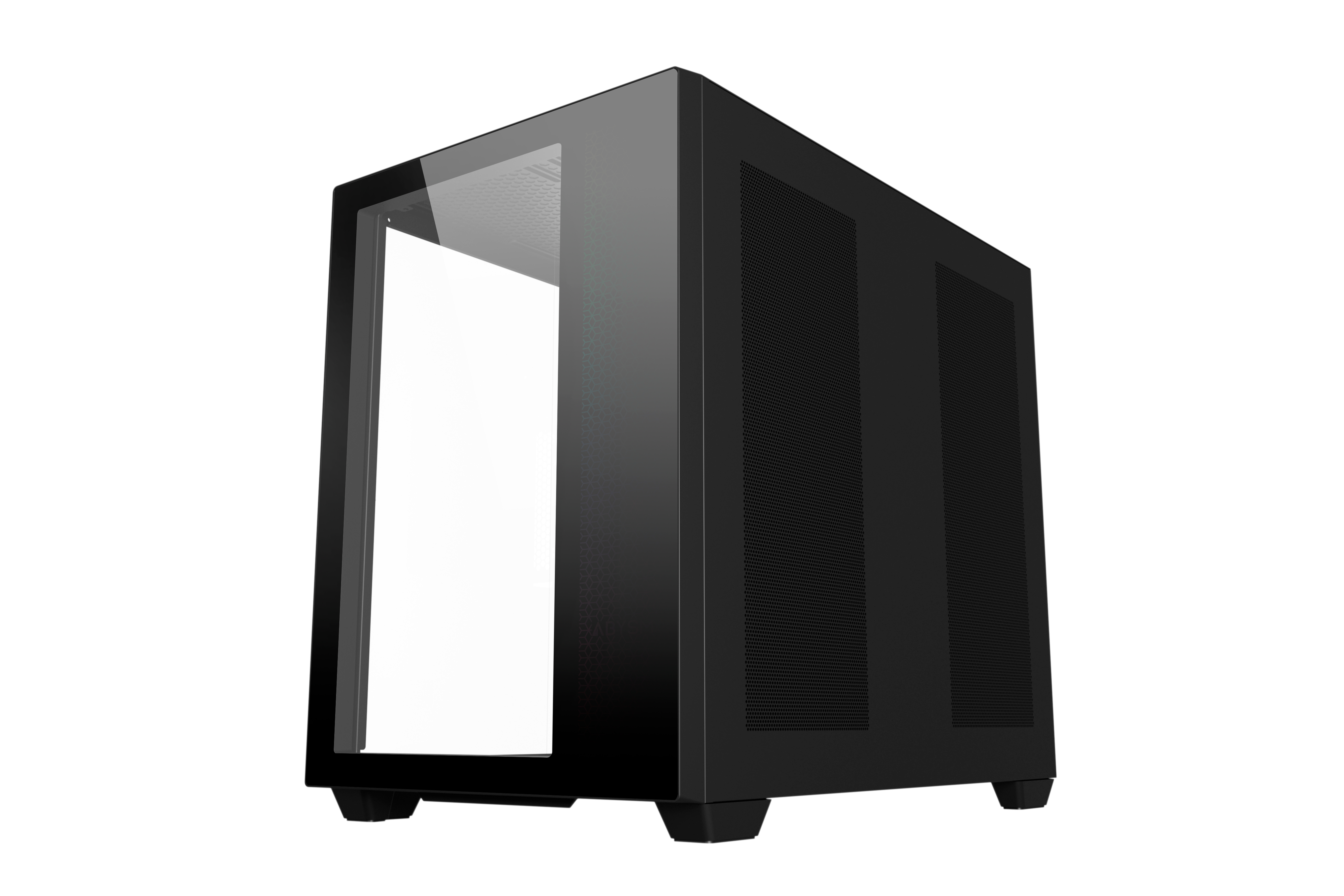 Una caja de ordenador negra con frontal de cristal y ranuras de ventilación.