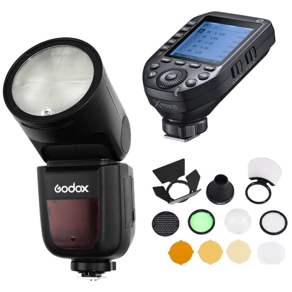 Godox cameraflitser en accessoires: speedlight, zender, barn doors, snoot, diffuser, filters.