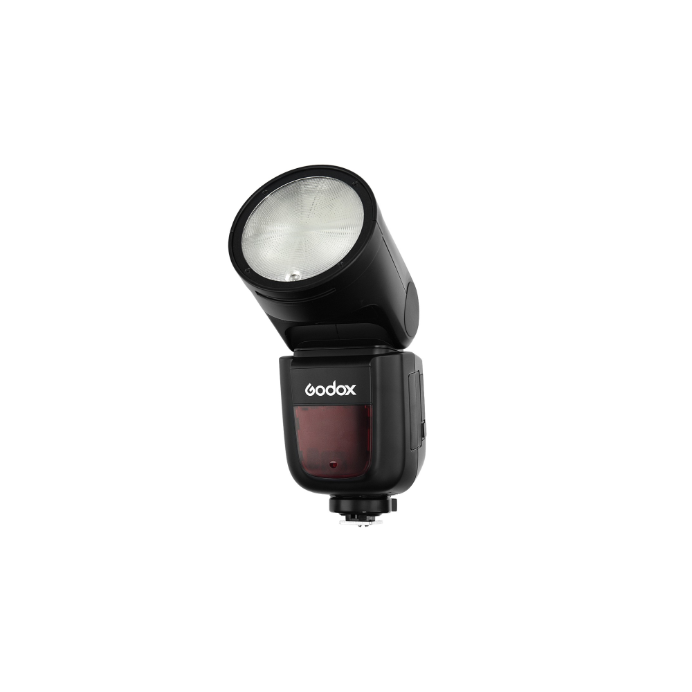 Een zwarte Godox flitskop met reflecterende reflector en rood lichtvenster.