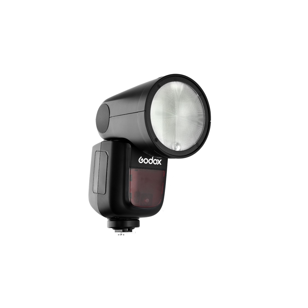 Een zwarte Godox cameraflitser met zilveren reflector en rood licht op witte achtergrond.