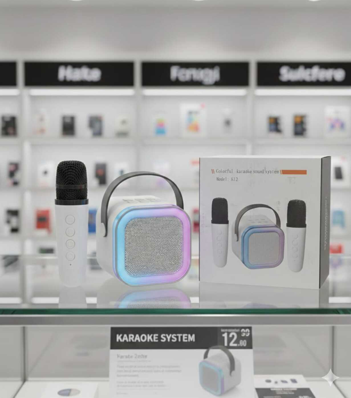 Un sistema de sonido karaoke inalámbrico con micrófono e iluminación LED colorida.
