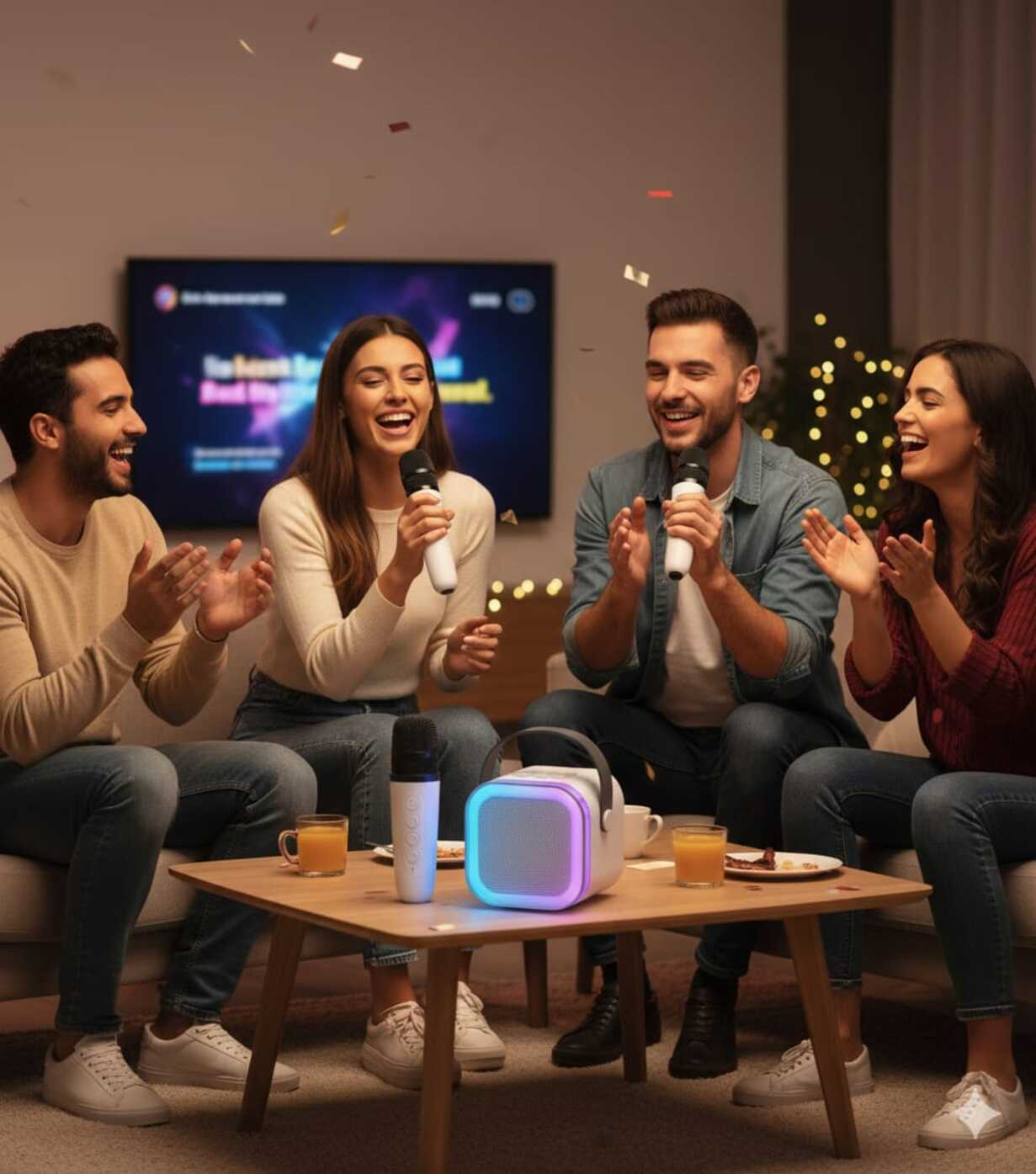 Cuatro amigos riendo cantan karaoke a la luz de las velas, cae confeti.