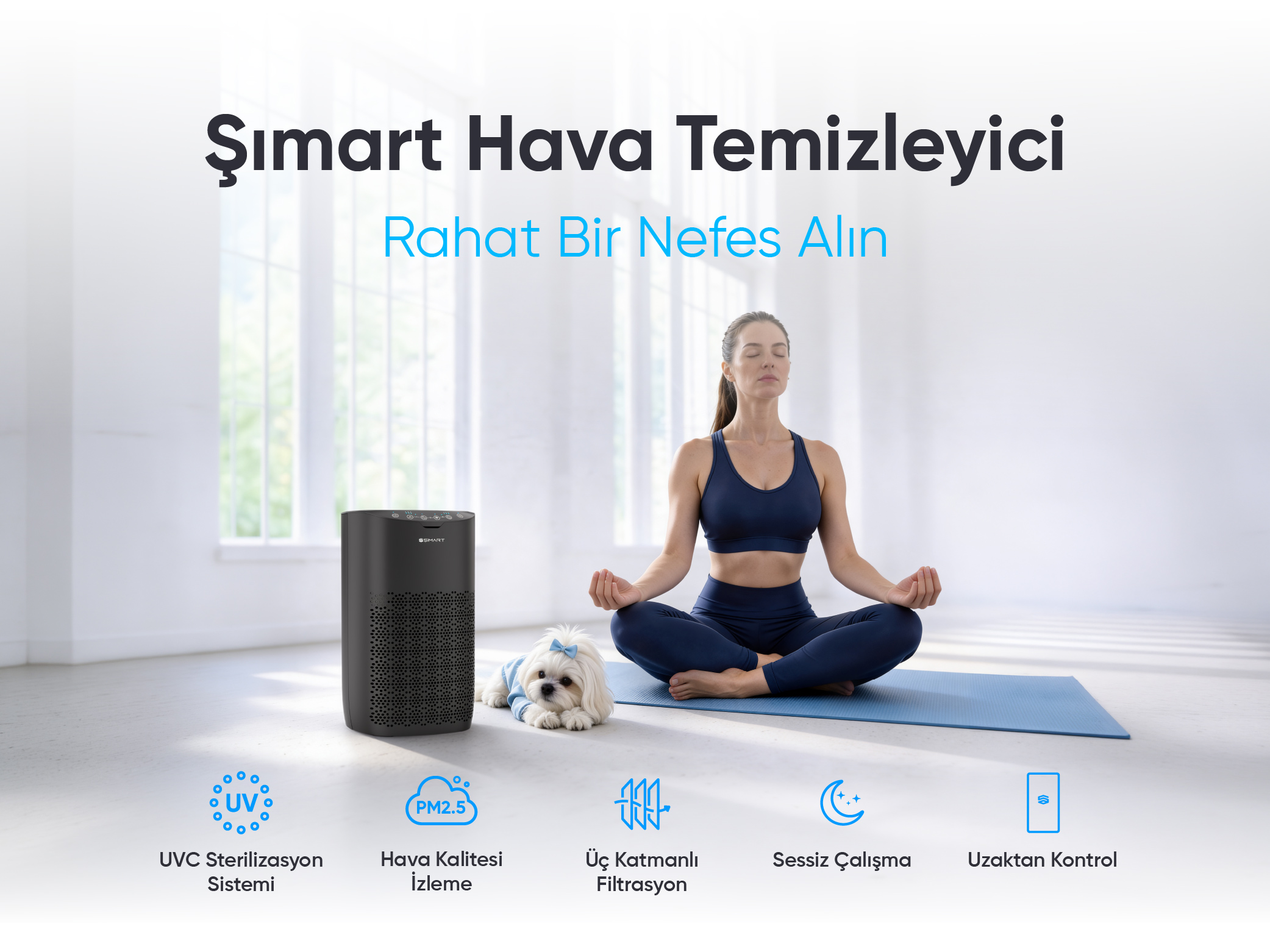 Spor kıyafetli kadın, hava temizleyici ve köpeğin yanında meditasyon yapıyor.