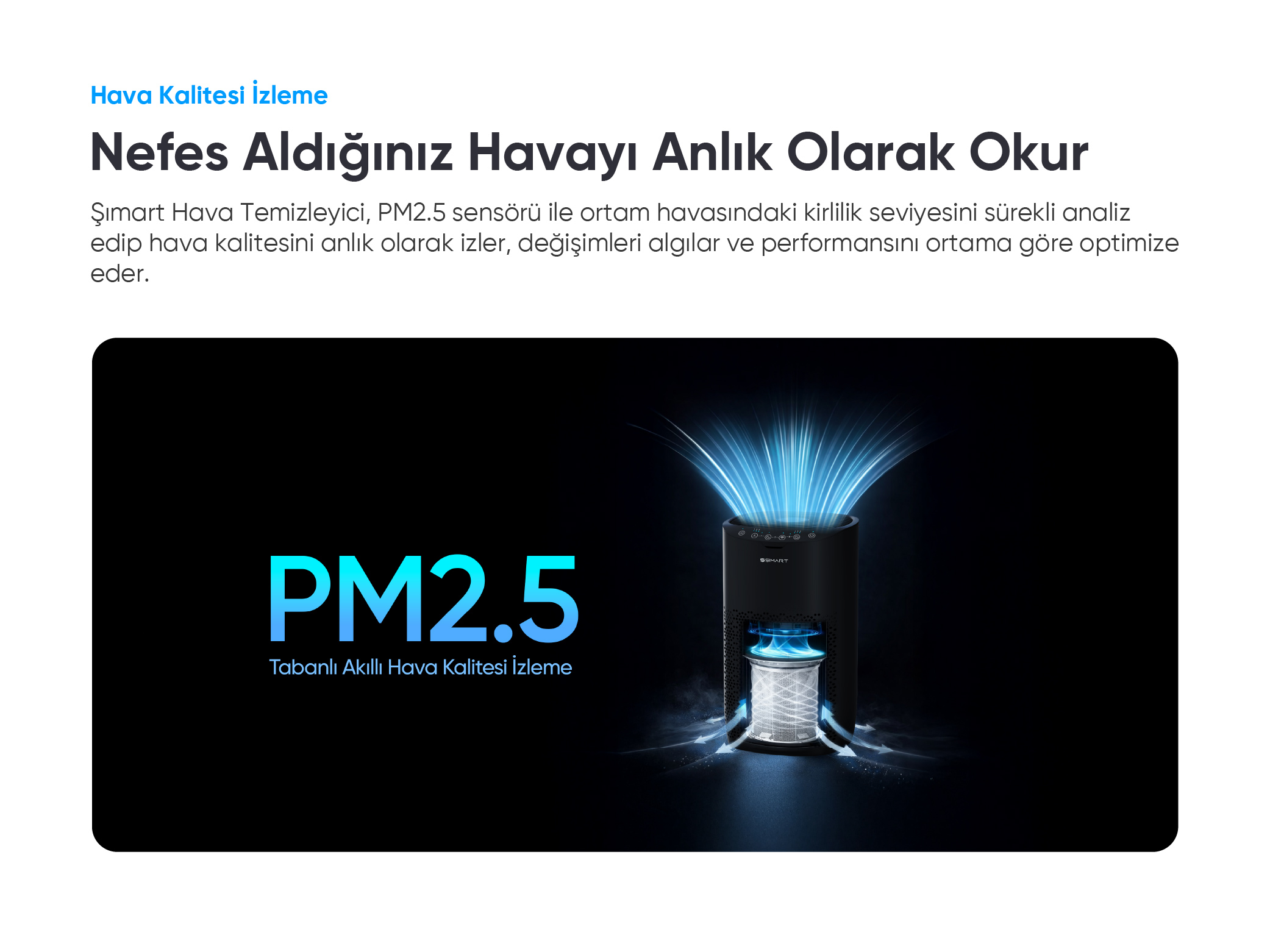 Yukarı doğru yükselen mavi ışık huzmelerine sahip siyah hava temizleyici. PM2.5.