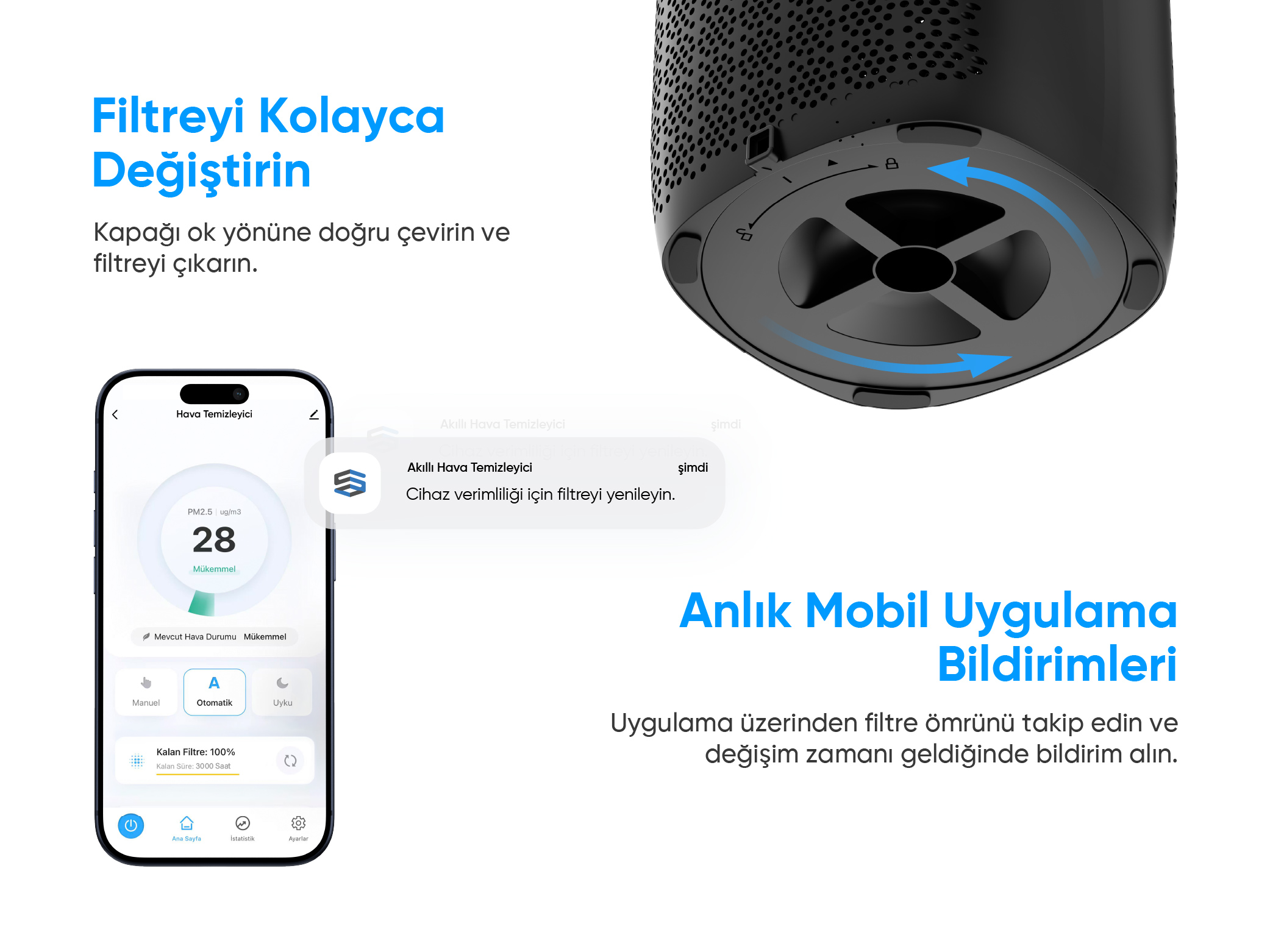 Siyah hava temizleyici, filtre değiştirme talimatlarını gösteren uygulama ekran görüntüsü.
