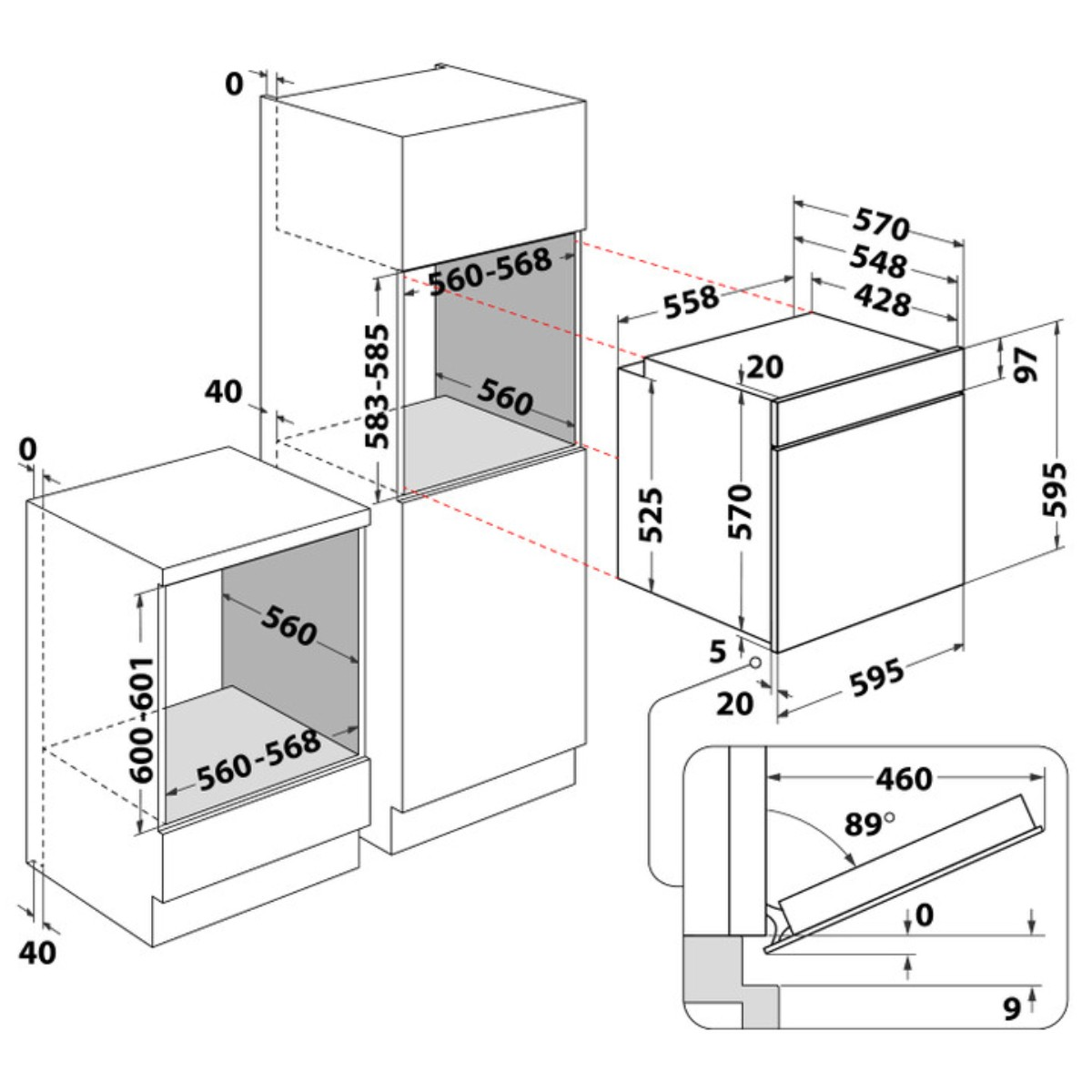 Disegno tecnico di elettrodomestici da incasso con misure e angoli.