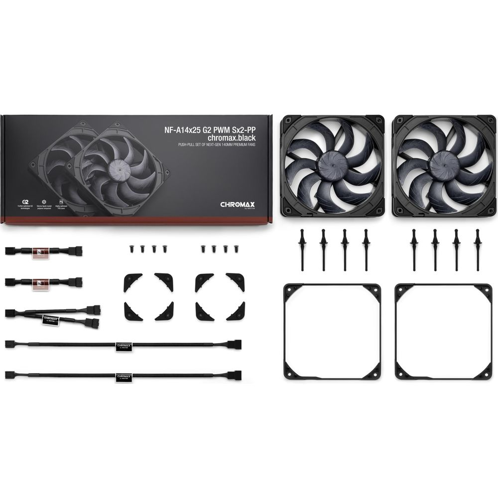 A package containing two black PC fans, cables, screws, and fan frames.