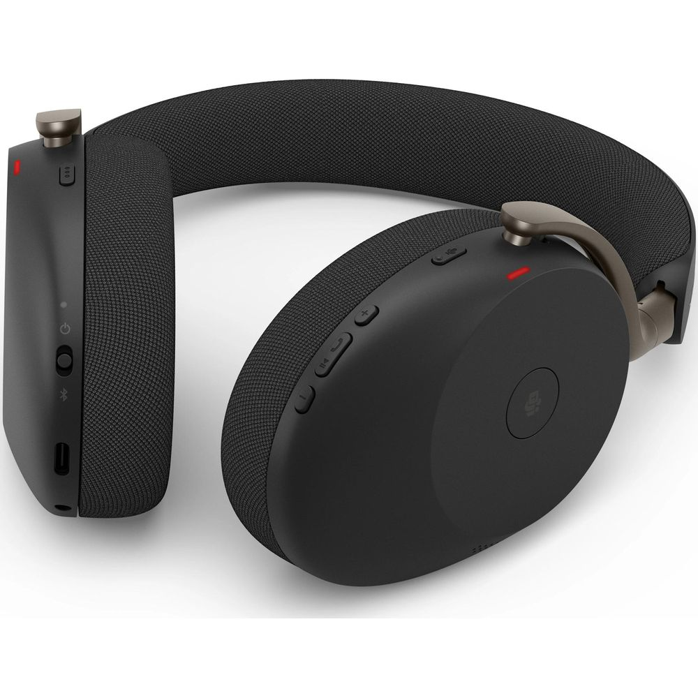 Casque noir avec arceau rembourré et oreillettes dotées de commandes.