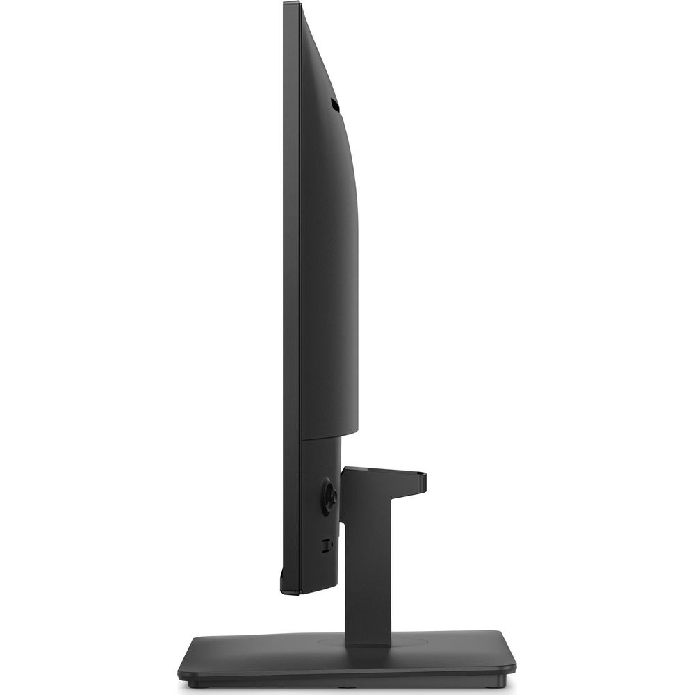 Seitenansicht eines schwarzen Monitors auf einem Ständer auf weißem Hintergrund.
