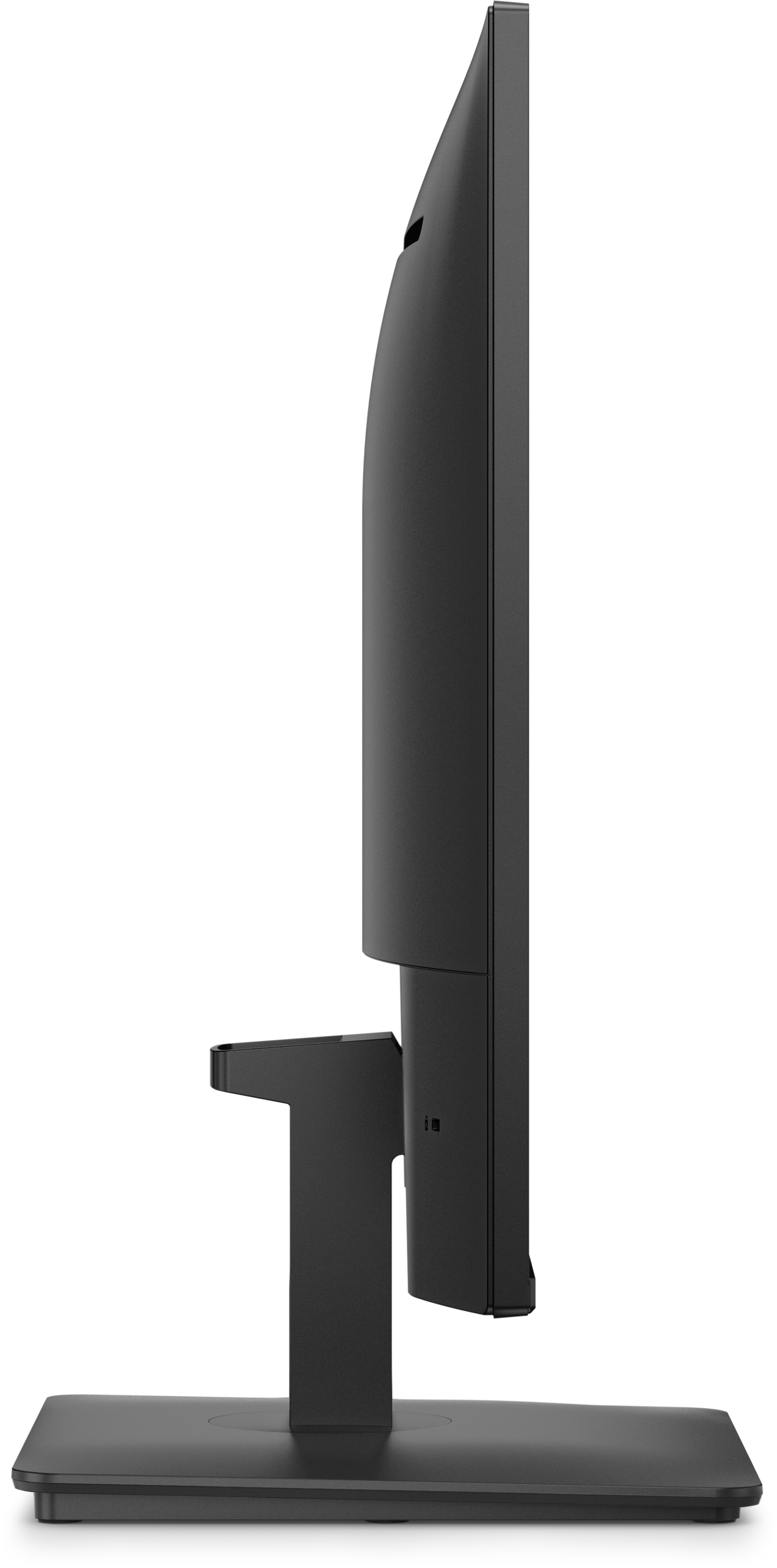 Eine schwarze Computermonitoransicht von der Seite mit einem schmalen Standfuß.