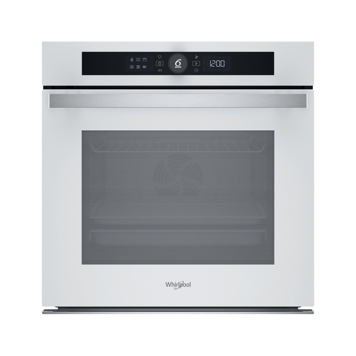 Forno bianco Whirlpool con display digitale e maniglia argento.