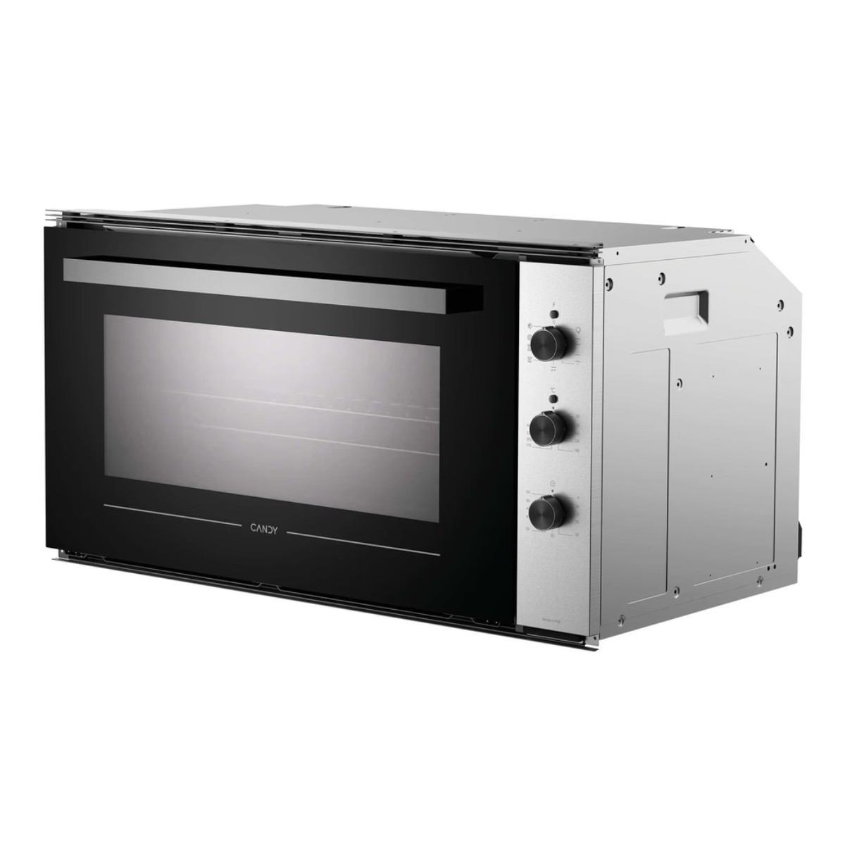 Un moderno forno da incasso argento con porta nera e tre manopole.