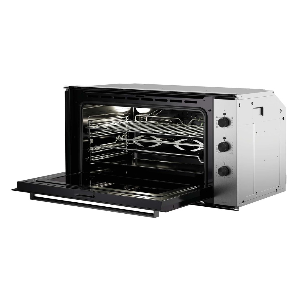 Forno moderno argentato con porta aperta, luce interna e griglie cromate.