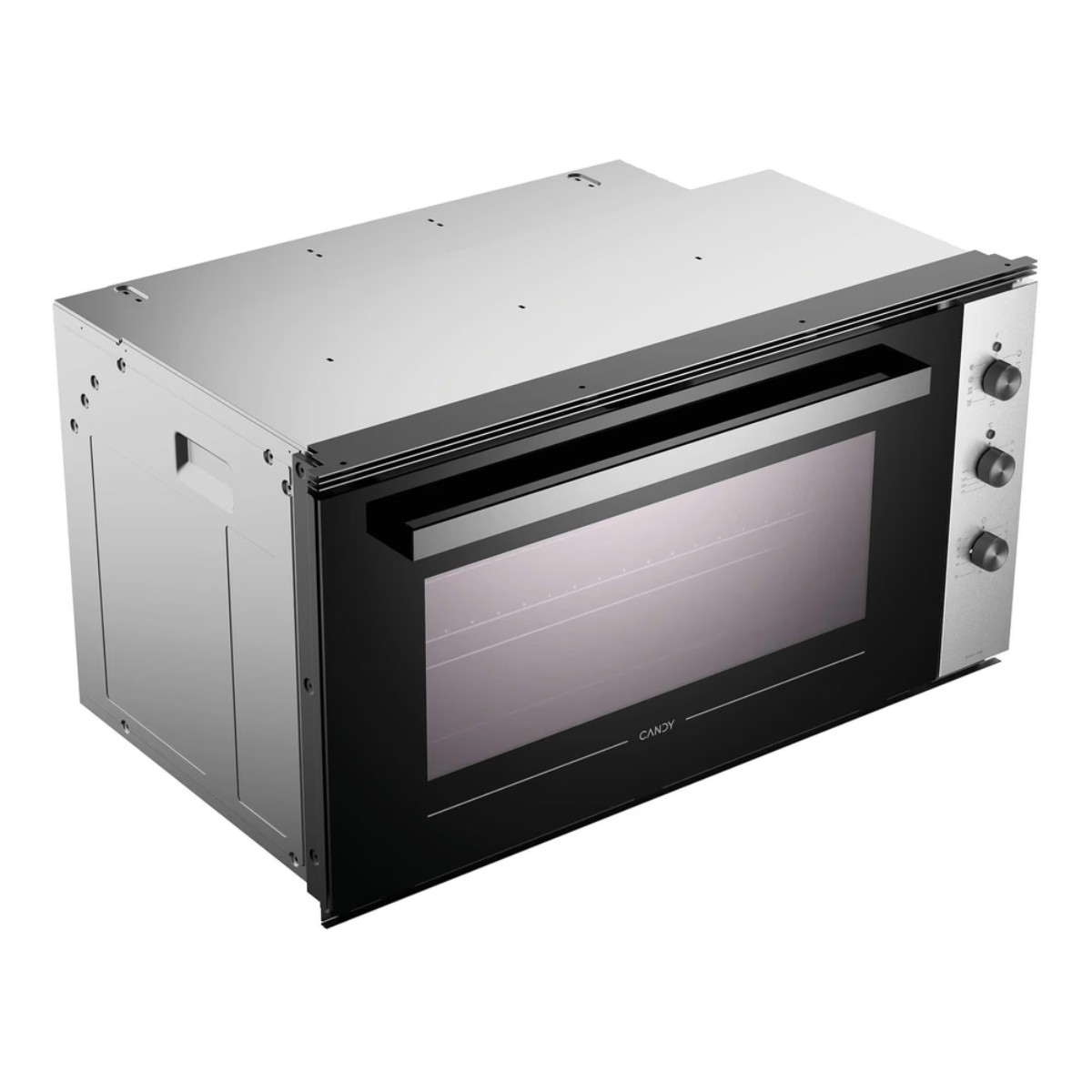 Un forno da incasso moderno in acciaio inox e vetro nero con manopole.