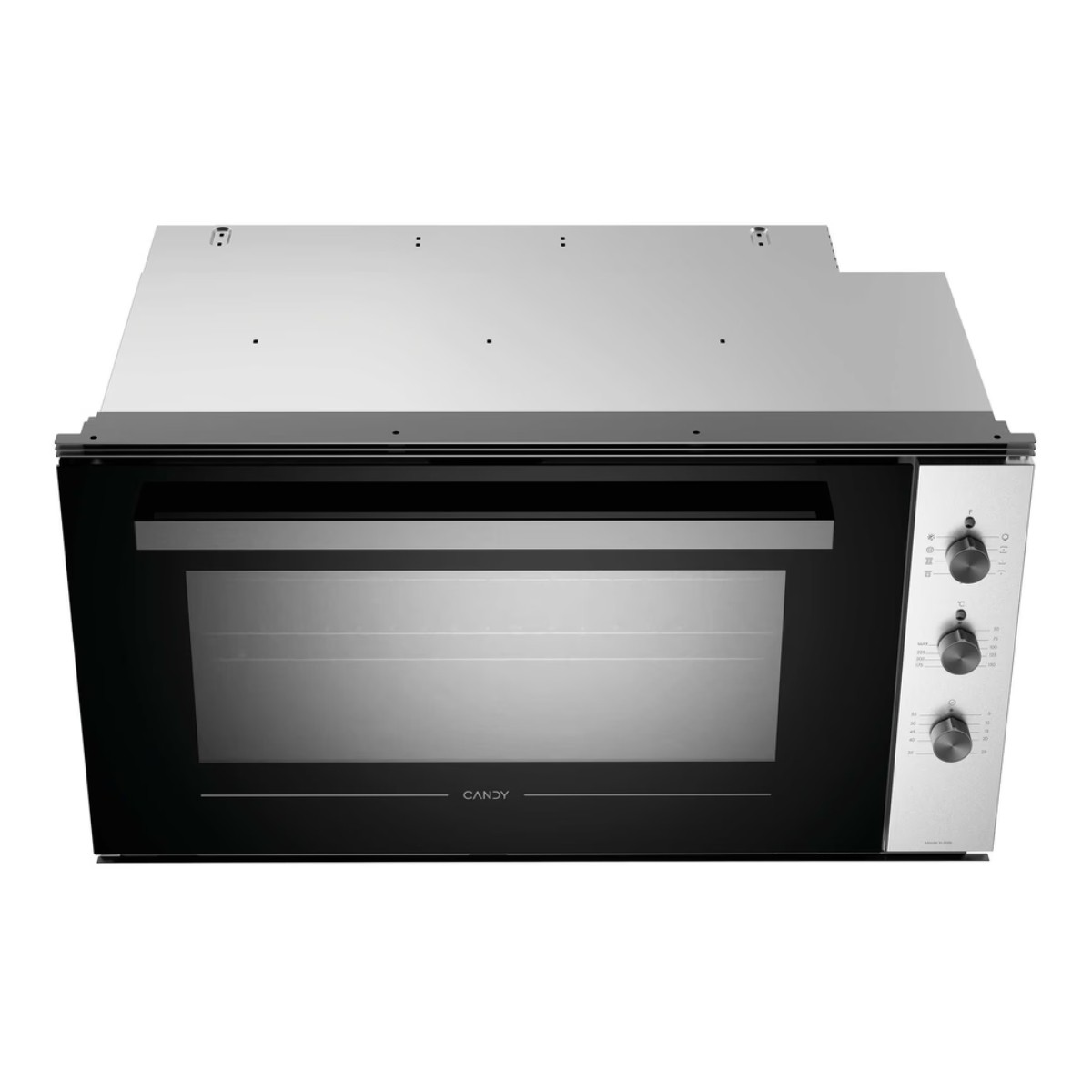 Un forno da incasso moderno con frontale nero e manopole argentate.