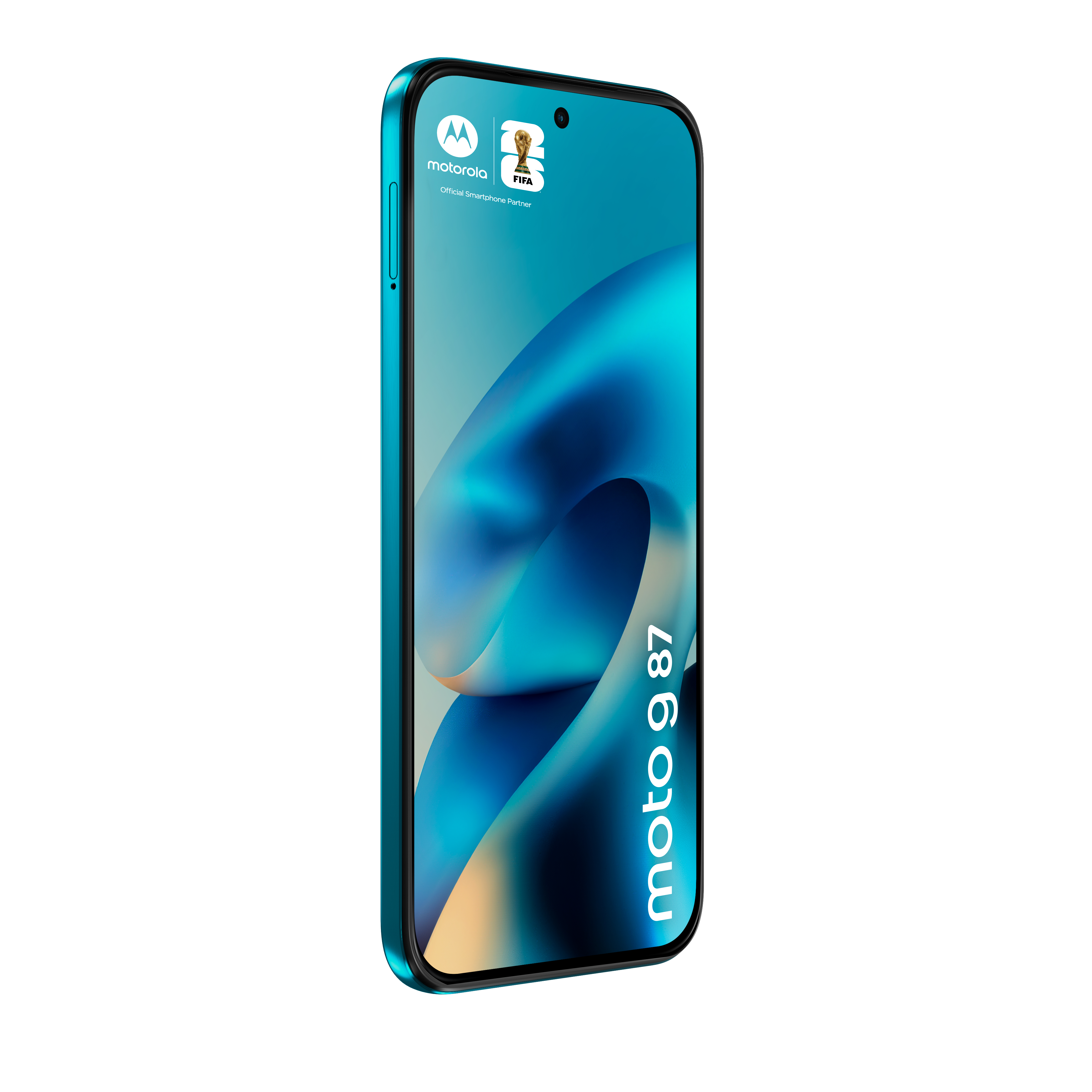 Uno smartphone Motorola Moto G 87 color turchese con uno sfondo blu astratto.