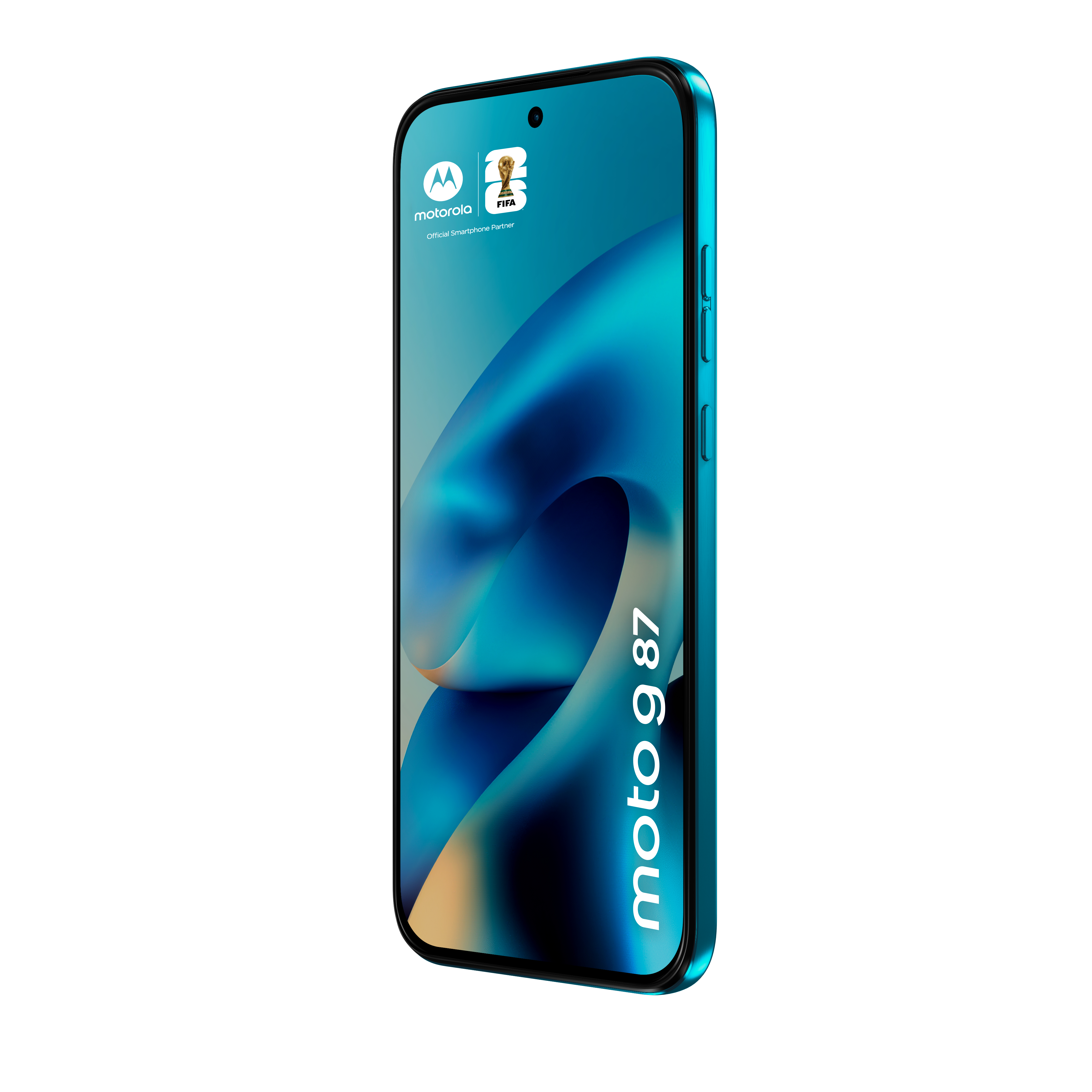 Uno smartphone Motorola moto g 87 color verde acqua mostra il logo FIFA.