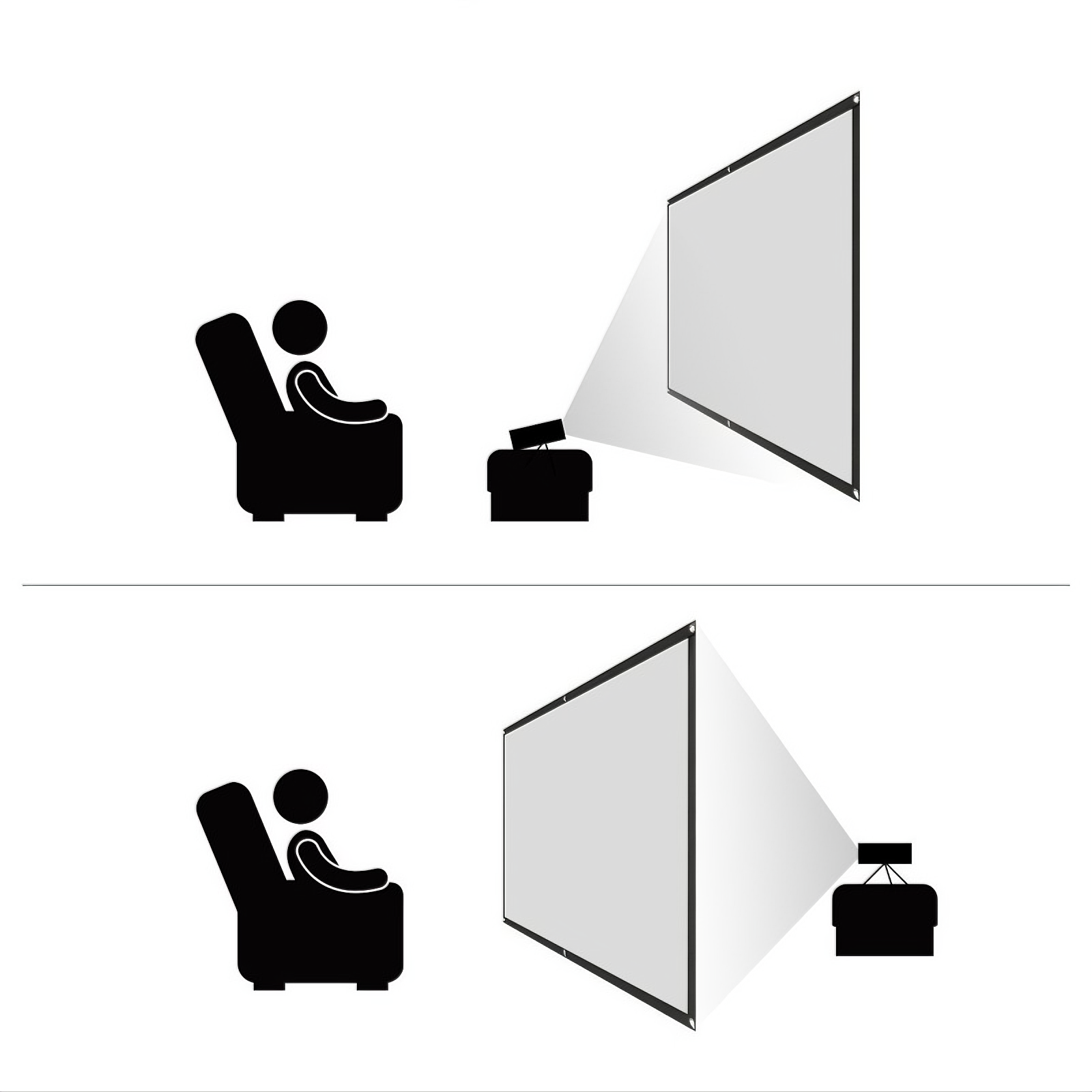Una persona sentada en un sofá frente a una pantalla de proyector. Se muestran dos escenas.