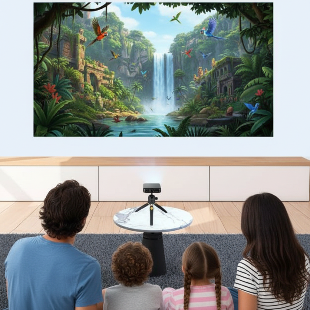 Familia ve proyector mostrando jungla con cascada y loros.