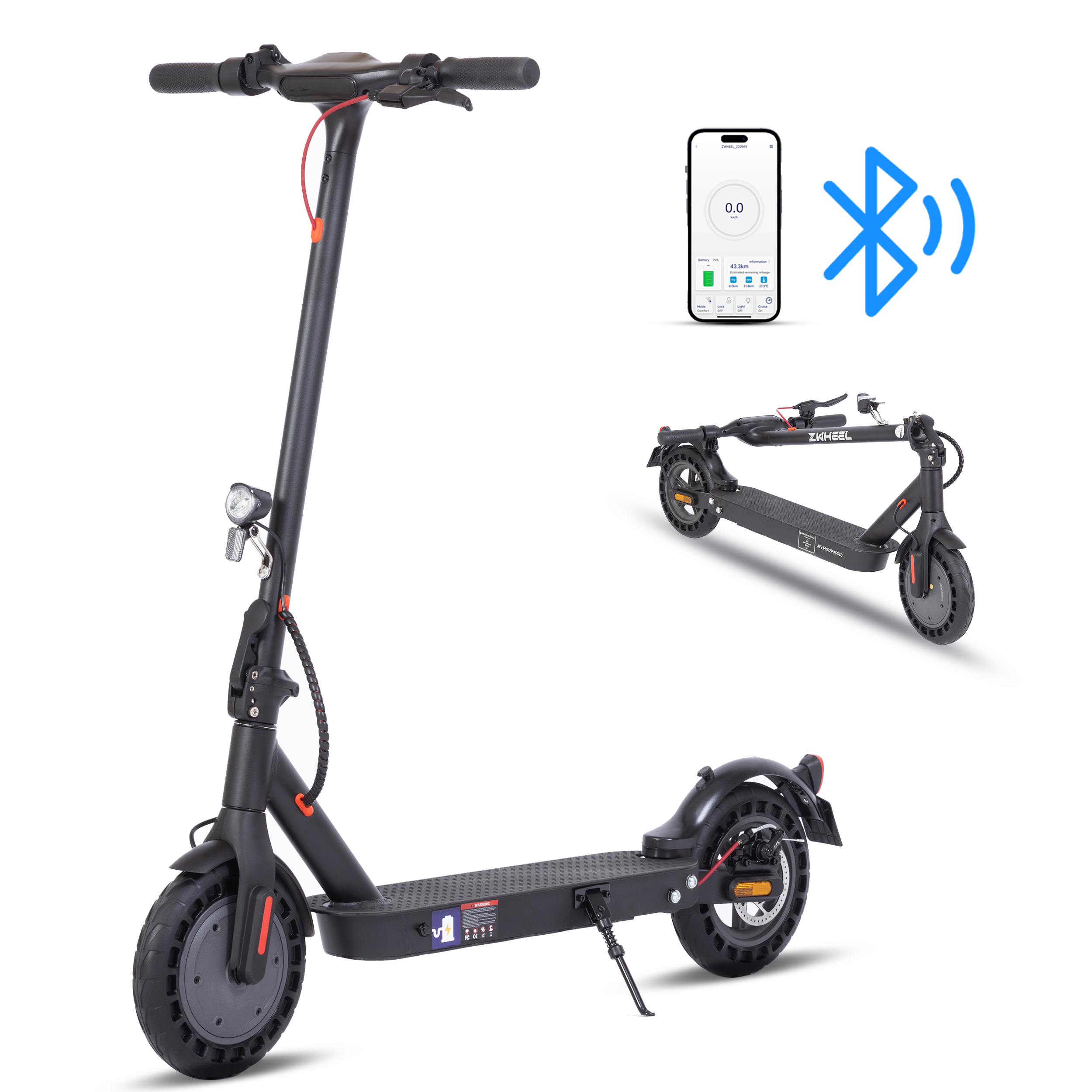 Schwarzer Elektroroller mit Smartphone-App und Bluetooth-Symbol.