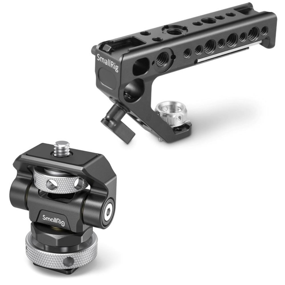Twee zwarte SmallRig camera-accessoires: een handgreep en een mini-statiefkop.