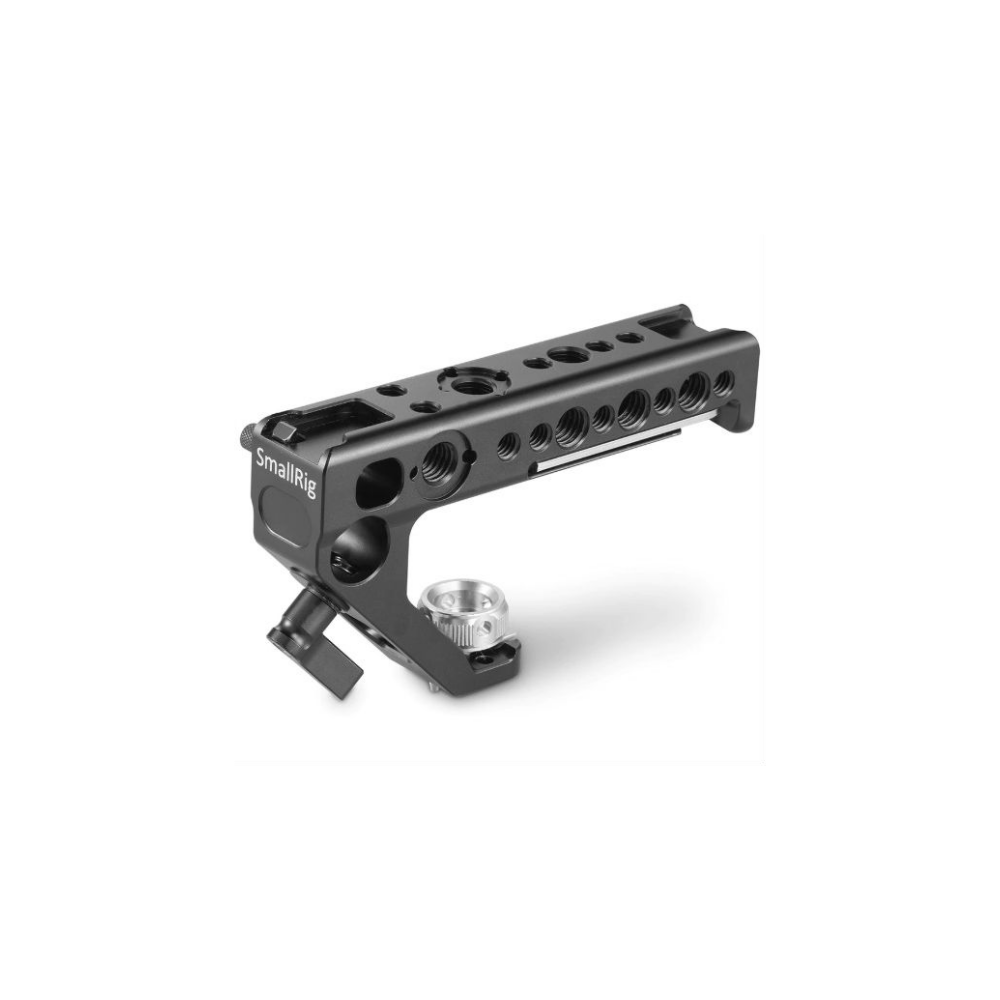 Een zwart SmallRig camera kooitje accessoire met montagepunten en een zilveren knop.