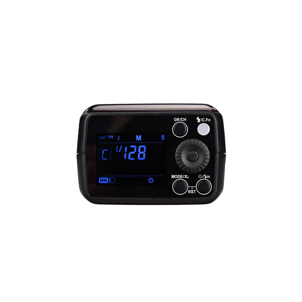 Zwart apparaat met blauw LCD-scherm waarop 'C 1/128', 'CH', 'M', 'MK1' wordt weergegeven.